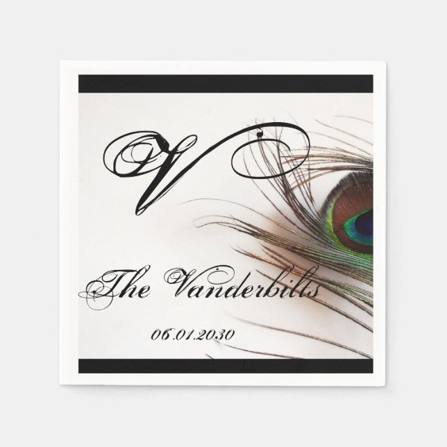 Peacock Feather Glamour Wedding Monogram Napkin (Front)