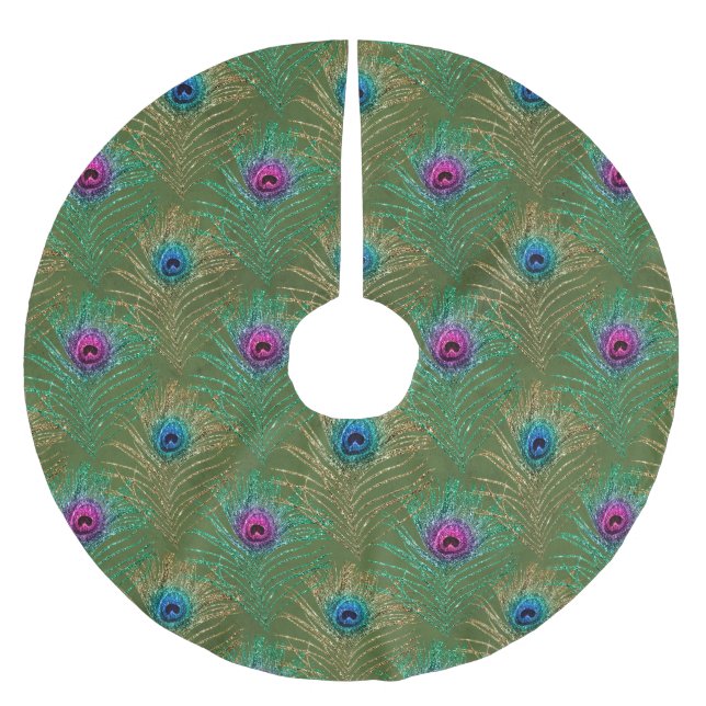 Peacock Feather Glitter and Sparkle Brushed Polyester Tree Skirt (Front)