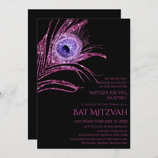 Peacock Feather Glitter Pink Bat Mitzvah Logo Invitation (Front/Back)