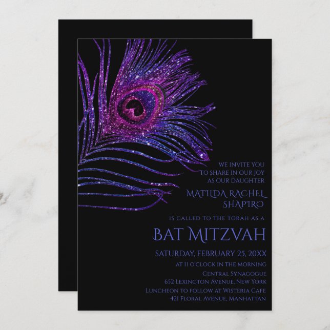 Peacock Feather Glitter Purple Bat Mitzvah Logo Invitation (Front/Back)