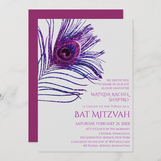 Peacock Feather Glitter Purple Bat Mitzvah Logo Invitation (Front/Back)
