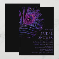 Peacock Feather Glitter Purple Bridal Shower Invit