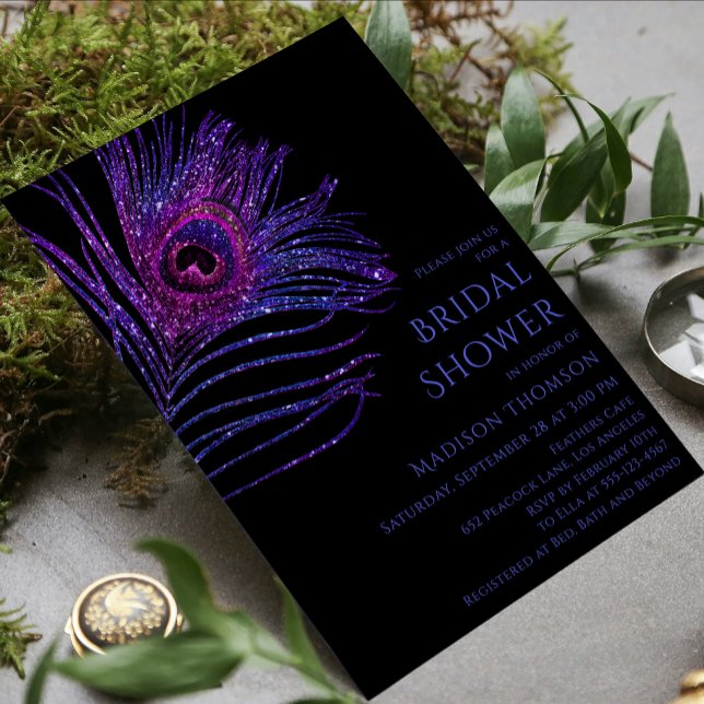 Peacock Feather Glitter Purple Bridal Shower Invitation (Creator Uploaded)