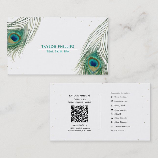 Peacock Feather Gold Dot Modern Boho  Business Card (Front/Back)