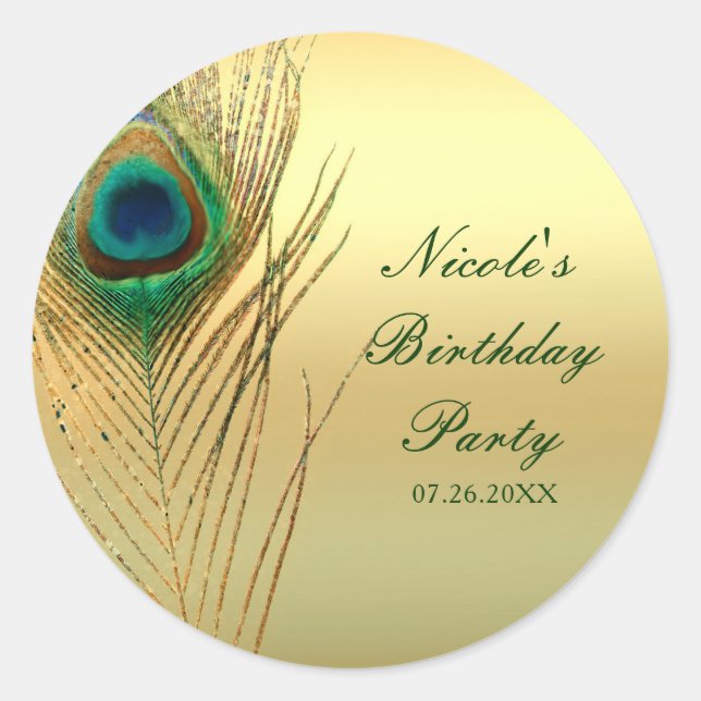 Peacock Feather Gold Exotic Boho Chic Custom Favou Classic Round Sticker (Front)