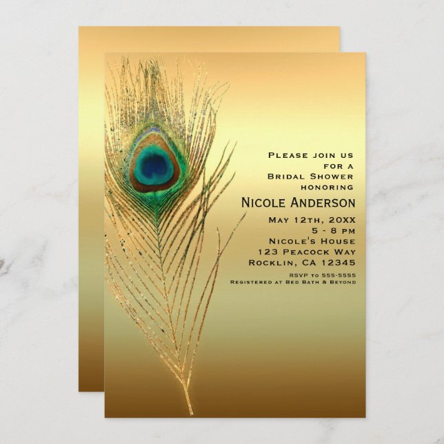 Peacock Feather Gold Exotic Boho Chic Invitations (Front/Back)