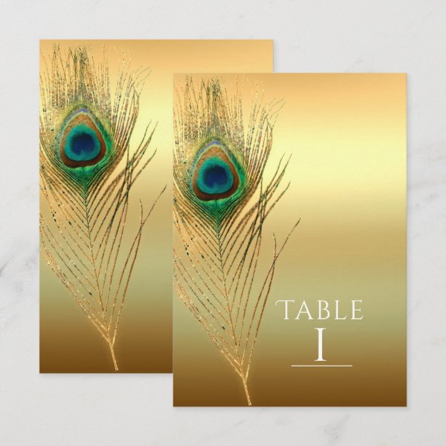 Peacock Feather Gold Exotic Boho Chic Table Number (Front/Back)