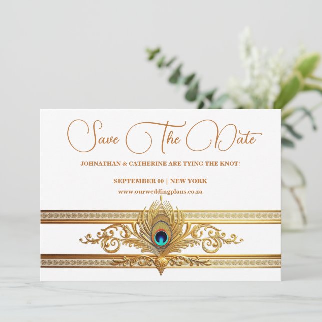 Peacock feather gold flourish bird theme invitation (Standing Front)