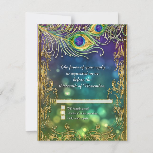 Peacock Feather Gold Glitter Jewelled Wedding RSVP Card (Front)