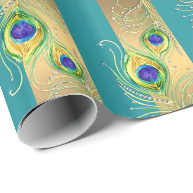 Peacock Feather Gold Swirl Baroque Wreath Jewel Wrapping Paper (Roll Corner)