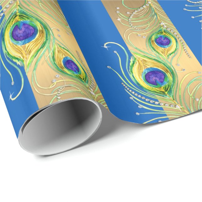 Peacock Feather Gold Swirl Baroque Wreath Jewel Wrapping Paper (Roll Corner)