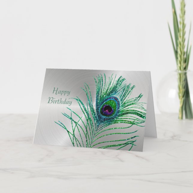 Peacock Feather Green Glitter Silver Birthday Card (Front)