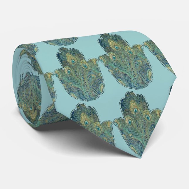 Peacock Feather Hamsa Tie (Rolled)
