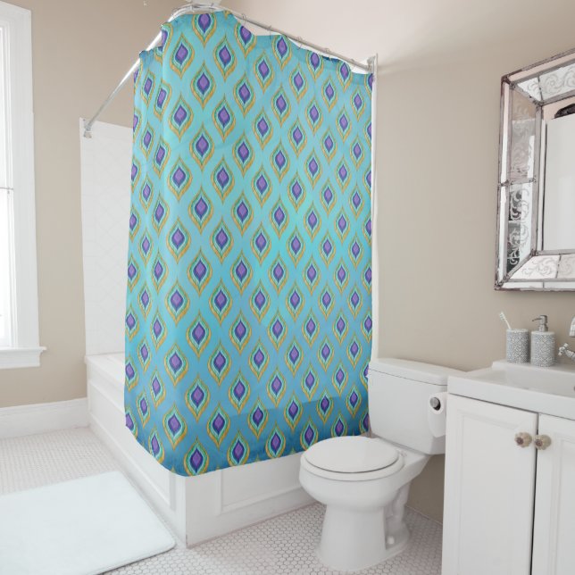 Peacock Feather Ikat Pattern Shower Bath Decor Shower Curtain (In Situ)