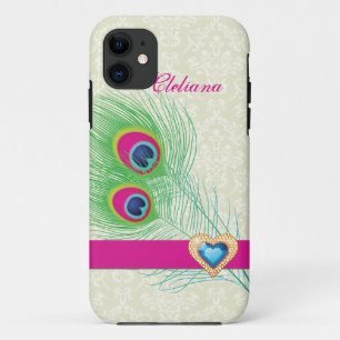 Peacock feather jewel heart custom iPhone 11 case