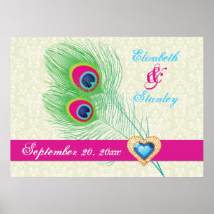 Peacock feather jewel heart wedding anniversary poster