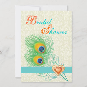Peacock feather jewel heart wedding bridal shower invitation
