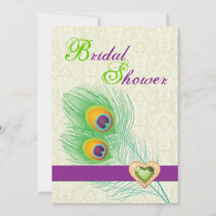 Peacock feather jewel heart wedding bridal shower invitation