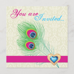 Peacock feather jewel heart wedding invitation