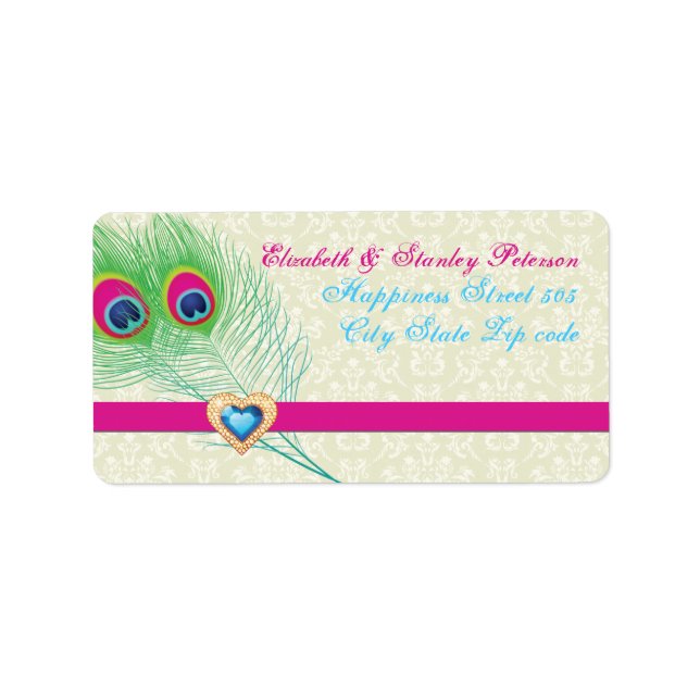 Peacock feather jewel heart wedding label (Front)