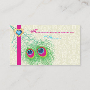Peacock feather jewel heart wedding place card