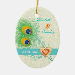 Peacock feather jewel heart wedding Save the Date Ceramic Ornament