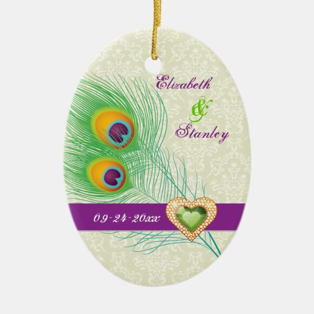 Peacock feather jewel heart wedding Save the Date Ceramic Tree Decoration (Front)