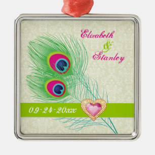 Peacock feather jewel heart wedding Save the Date Metal Ornament