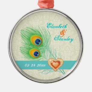Peacock feather jewel heart wedding Save the Date Metal Ornament
