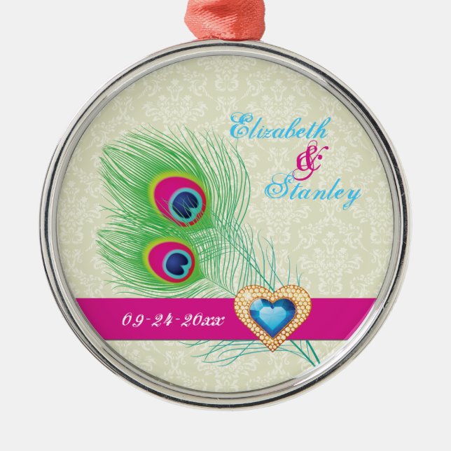 Peacock feather jewel heart wedding Save the Date Metal Ornament (Front)