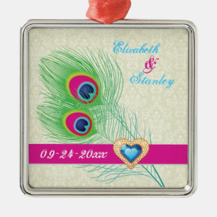Peacock feather jewel heart wedding Save the Date Metal Tree Decoration
