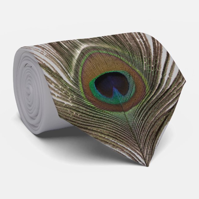Peacock feather light grey bg tie (Rolled)