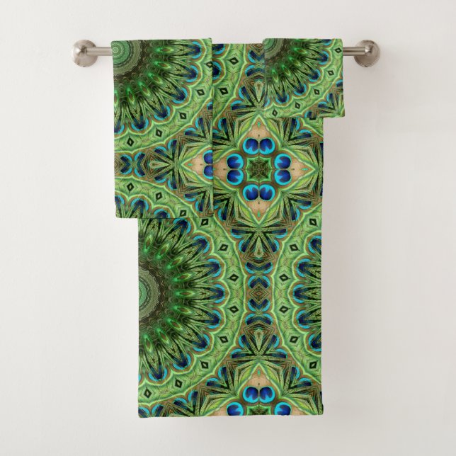 Peacock Feather Mandala Emerald and Blue Symmetry Bath Towel Set (Insitu)