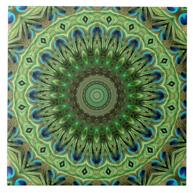 Peacock Feather Mandala Emerald and Blue Symmetry Ceramic Tile (Front)