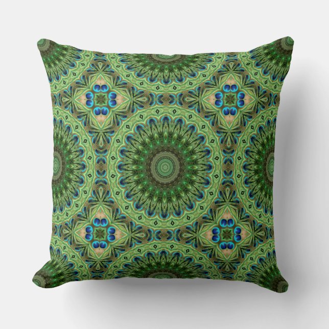 Peacock Feather Mandala Emerald and Blue Symmetry Cushion (Front)