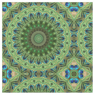 Peacock Feather Mandala Emerald and Blue Symmetry Fabric