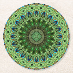 Peacock Feather Mandala Emerald and Blue Symmetry Round Paper Coaster