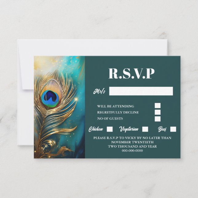 Peacock feather marbled dark teal luxury elegant RSVP card (Front)
