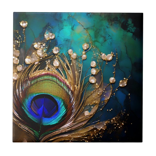 Peacock feather marbled pearl luxury wall ceramic tile (Front)