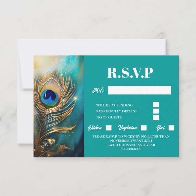 Peacock feather marbled teal background luxury RSVP card (Front)