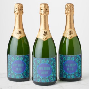 PEACOCK FEATHER MOTIF PATTERN BIRTHDAY BLUE GREEN SPARKLING WINE LABEL