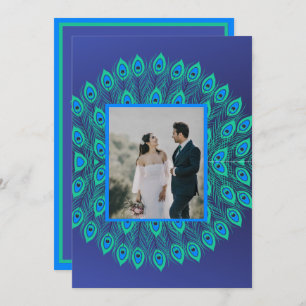 PEACOCK FEATHER MOTIF PATTERNED BLUE GREEN INVITATION