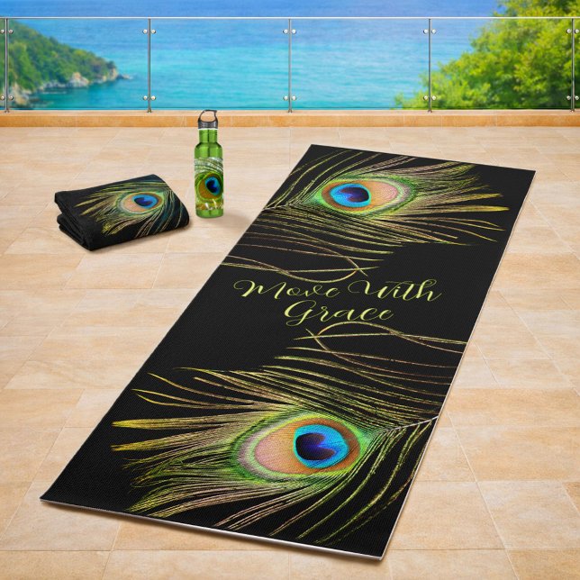 Peacock Feather – Move With Grace Motivational Yoga Mat (Move With Grace – Front Design)