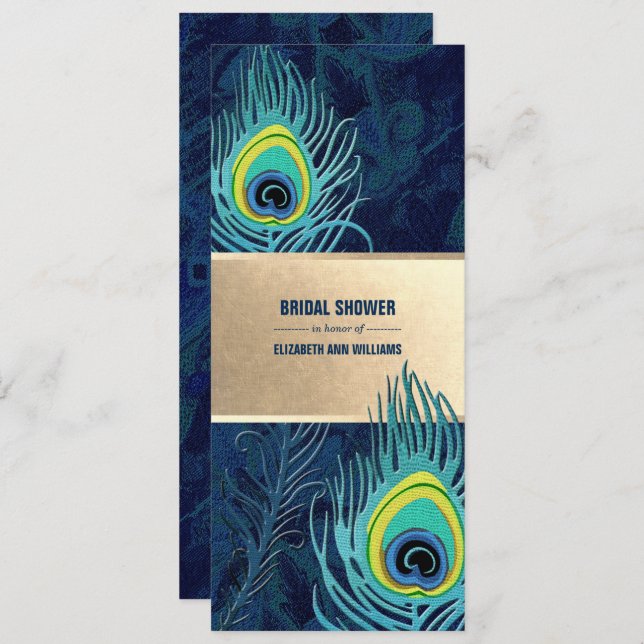 Peacock Feather Navy Blue Turquoise Bridal Shower  Invitation (Front/Back)