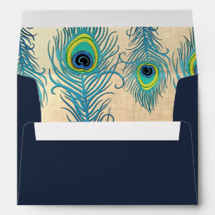 Peacock Feather Navy Blue Wedding Envelopes