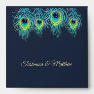 Peacock Feather Navy Blue Wedding Envelopes