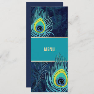 Peacock Feather Navy Blue Wedding Menu Cards
