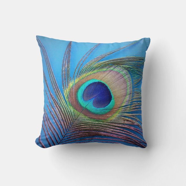 Peacock Feather On Blue Accent Pillow (Front)