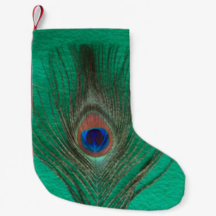 Peacock Feather on Green Red Back Small Christmas Stocking
