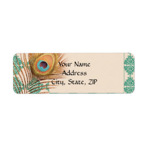 Peacock Feather on Teal Moroccan Tile Return Address Label